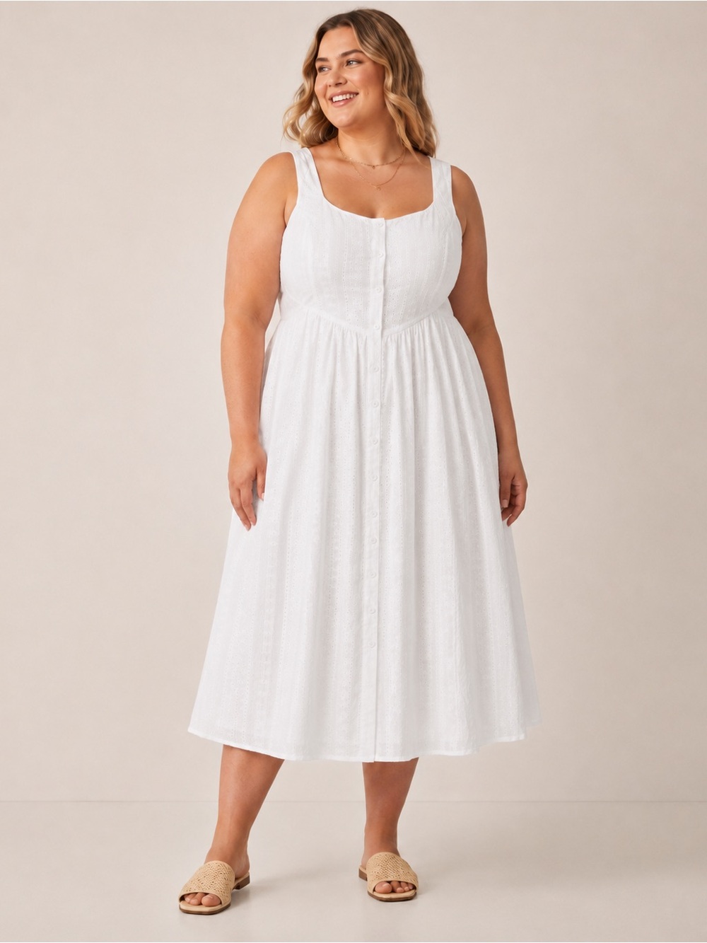 AQUA 100% cotton Plus Size White Eyelet Button Front Midi Dress 2XL mc5